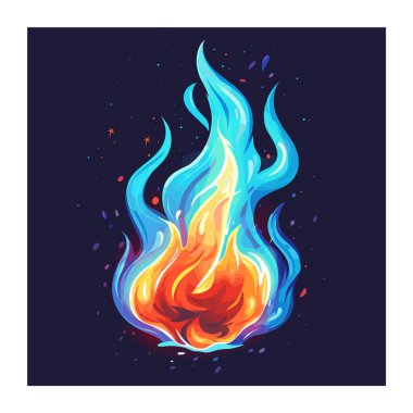 Canlı ateş alevi renkli illüstrasyon, koyu arkaplana karşı mavi turuncu parlak tasarım. Sanatsal ateşli unsur, konsept grafik sıcaklık, enerji, tutku. Soyut ateş çizimi