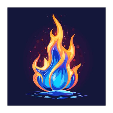 Canlı mavi alevler vektör illüstrasyonu, ateşli tasarım kıvılcımları, yoğun ateş grafikleri. Çizgi film tarzı ateş, sanatsal temsil alevleri, ısı enerjisini tasvir eden parlak renkler. Dinamik alev