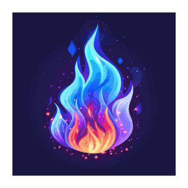 Vibrant colorful flames engulfing space, hues blue purple merging fire. Animated style blaze dynamic motion, glowing embers dotting dark backdrop. Enigmatic abstract inferno, digital artistry clipart