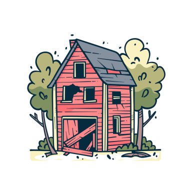 Ağaçları saran yıpranmış kırmızı ahırı tasvir eden el çizimi stili vektör çizimi. Eski ahır, yeşillik, kaprisli tarzın olduğu kırsal bir çizgi film. Kızıl çiftlik binası illüstrasyonu sembolize ediyor