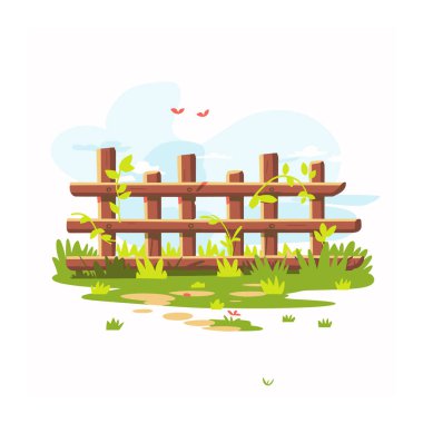 Çizgi film ahşap çitleri mavi gökyüzünün altında yemyeşil yeşillikleri sarmıştı. Ilık bahar günü ahşap bahçe parkı. Kırsal alan bariyerleri Kuşlar uçuyor