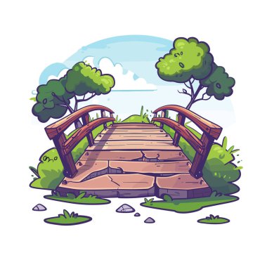 Kırsal ahşap köprü mavi gökyüzünün altında çimenli bir yama üzerinde uzanıyor. Karikatür tarzı ahşap köprü, yemyeşil ağaçları, mükemmel park bahçeleri çizimlerini çevreledi. Eski köprünün olduğu açık hava sahnesi