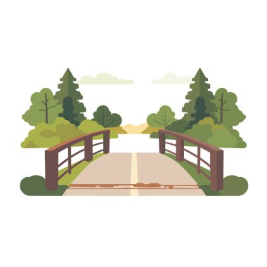 Scenic pathway leading through wooden bridge flanked lush green trees, coniferous evergreens, shrubs midforest. Small arch bridge connects hiking trail surrounded dense woodland. Abstract nature clipart