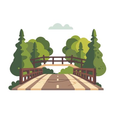 Tahta köprü yoldan geçiyor yemyeşil ağaçlar, izole edilmiş beyaz arka plan. Kırsal yürüyüş yolu manzaralı orman yolu üzerimizde doğa çizim bulutları. İkili güverte yapısını çalıştırın.