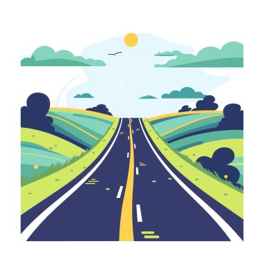 Parlak güneşin altındaki yeşil tepelerden geçen sonsuz düz bir yol. Etrafı kabarık bulutlarla çevrili, izole beyaz bir zemin. Yeşil otoban geçidi, ideal doğa yolculuğu.