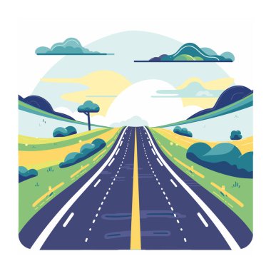 Renkli otoyol vektörü, dağlar arka plan, canlı alanlar, mavi gökyüzü, gün doğumu, manzara minimalist manzara, çizgi film tarzı. Asfalt yolu, sarı ana hat, çevreleyen yeşil yapraklar.