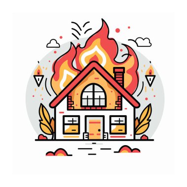 İllüzyon evi alevleri yuttu, yangın acil durumu tasvir ediyor. Canlı renkler sanat tarzı çarpıcı görsel yanan konut binası oluşturur