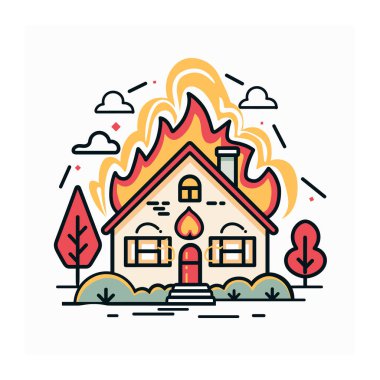 Ev yangını grafik sanatı, evi saran canlı alevler, acil durum illüstrasyonu. Çizgi film tarzı yanan ev, renkli alev tasarımı, felaket konsepti çizimleri. Konut binası alev aldı