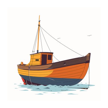 Balıkçı teknesi sakin ve güneşli bir günde kıyıya vurmuş. Klasik ahşap balıkçı teknesi kıyıya vurmuş, gökyüzü açık. Renkli bir tekne, dalgalar gövdeyi kaplıyor, üstümüzde deniz kuşları var, insan yok.