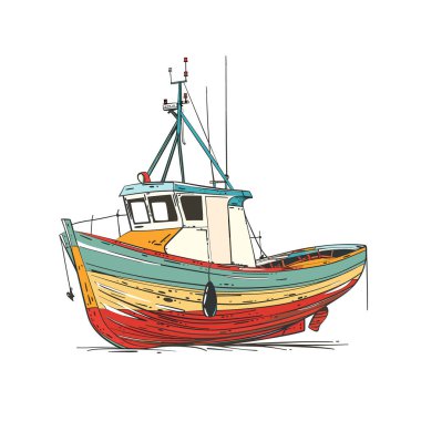 Balıkçı teknesi çizimi beyaz, renkli el çizimi trol teknesi. Geleneksel balıkçı teknesi çizimi, deniz gemisi izole edilmiş. Denizcilik temalı balıkçı teknesi, deniz yolculuğu, balıkçılık ekipmanları.