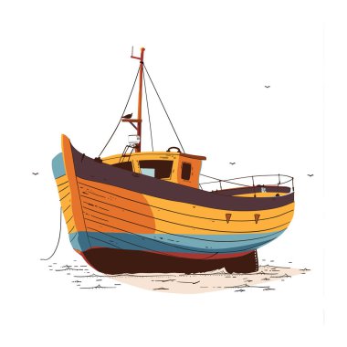 Kıyıya vurmuş renkli balıkçı teknesi, uçan kuşlar, kıyıya vurmuş deniz teknesi. Çizgili ahşap tekne, deniz acil durumu, görünürde kimse yok. Balıkçı teknesi topraklanmış, canlı renkler