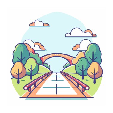 Colorful stylized vector illustration park trees, bridge, footpath under clear sky. Landscape art depicting tranquil nature scene, suitable childrens book animation. Cartoon drawing presents outdoor clipart
