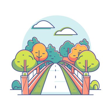 İllüstrasyon, sonbahar manzarası boyunca uzanan renkli bir köprü tasvir ediyor. Canlı ağaçlar yol boyunca süzülür, bulutlar pastel gökyüzünde süzülür, sakin doğa titreşimleri. Çizgi film biçimi, düz çizgiler, eğim renkleri verir