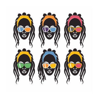 Dokuz stilize kadın yüzü güneş gözlüğü, farklı renkte saç bantları var. Basit tasarım, yüz hatları yok, dudak giysisi dışında, modern grafik sanat. Yüzler üç sıra dizildi