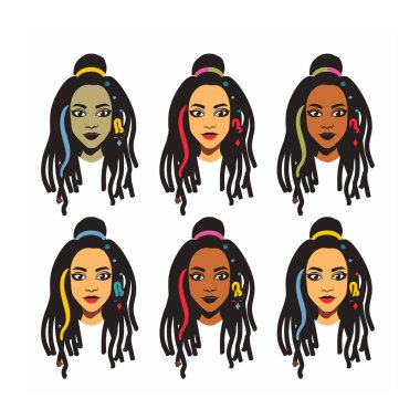 Altı farklı kadın farklı ten rengine sahip saç stilleriyle karşı karşıya. Kadınlar değişik ifadeler sergilerler, saç şekilleri, gevşek çörekler gibi. Resimlerde küpeler, renkli saç bağları, makyaj malzemeleri