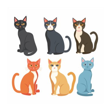 Farklı renk desenleri gösteren altı çizgi film kedisi. Üst sıra siyah kedi, gri kedi beyaz ağızlık, kahverengi beyaz kedi, hepsi oturuyor. Alt sırada turuncu, krema, mavi kediler oturuyor, sevimli ifadeler var.