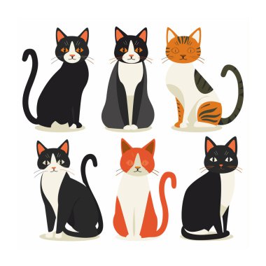 Beyaz arka planda gösterilen altı çizgi film kedisi. Siyah, beyaz, turuncu da dahil olmak üzere çeşitli ceket desenleri. Şirin kedi karakterleri farklı pozlar, bıyıklar, anlamlı yüzler.