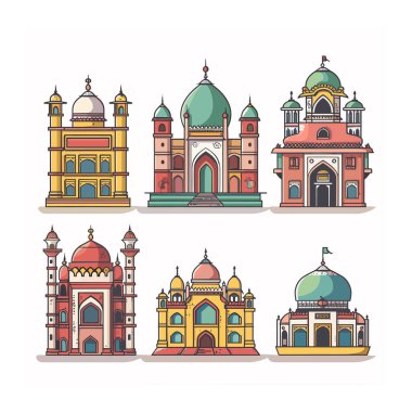 Hint işaretleri vektör çizimleri, renkli çizgi film stili Hint mimarisi, ünlü Hint binaları izole edilmiş beyaz arka plan. Altı farklı stilize edilmiş tapınak, kültürel seyahat