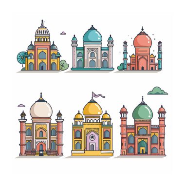 Düz dizayn edilmiş altı renkli Hint simgesi. Ayrıntılı mimari, farklı kubbeler, kültür binaları Hint mirası sergiliyor. Canlı renkler, geleneksel yapılar, ikonik