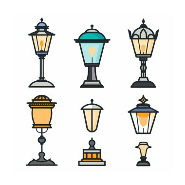 Koleksiyon sokak lambaları resimli düz tasarım. Çeşitli tasarım sokak aydınlatma aletleri. Renkli simgeler şehir lambalarını izole edilmiş beyaz arkaplan olarak ayarladı