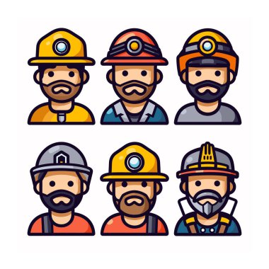 Altı erkek madenci karikatür avatarı farklı maden kaskları giyiyorlar. Miğferlerde lambalar, canlı sarı diğer kullanım simgeleri yer alıyor. Görseller çeşitli madenci mesleklerini temsil eder