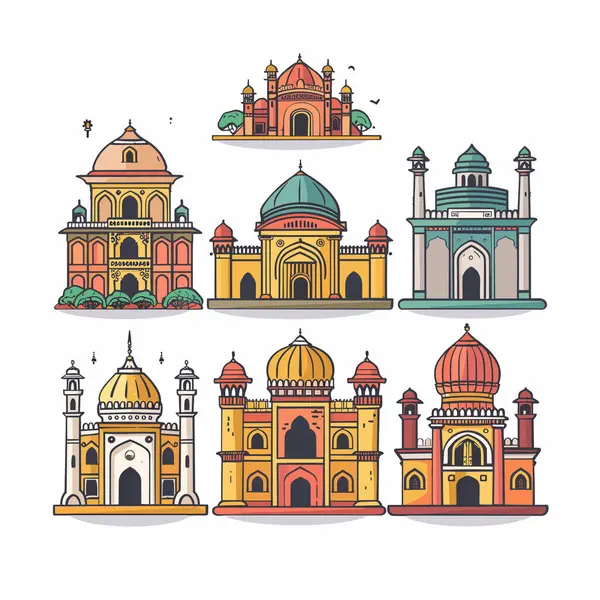 Altı farklı Hint mimari simgesinin yer aldığı renkli çizimler, karmaşık tasarımlar sergiliyor, karakteristik Hint kültürü. Canlı renkler, turuncu, sarı, yeşil, kırmızı