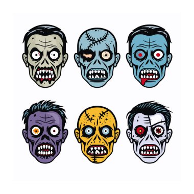 Değişik ifadeler sergileyen altı çizgi film zombisi yüzü. Zombi yüzlerinde farklı ten renkleri, yaralar, dikişler var. Renkli ölümsüz karakterler, geniş gözler keskin dişler.