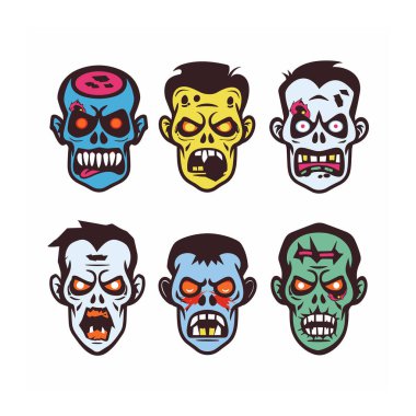 Çeşitli korkunç duyguları ifade eden altı çizgi film zombisi kafası. Renkli ölümsüz yüzler mükemmel Cadılar Bayramı tasarımları. Parlak, cesur renkler abartılı yüz hatları çizgi roman tarzı verir