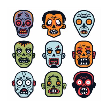 Farklı ifadeler içeren dokuz renkli zombi yüzü üç sıra dizin. Çizgi filmlerdeki zombi kafaları çeşitli zombi ifadeleri sergilerler. Korkutucu, komik, kızgın. Görüntü