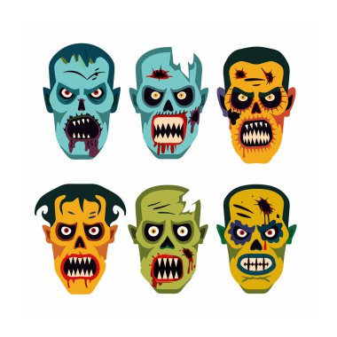 Değişik ifadeler gösteren altı çizgi film zombisi kafası tuhaf detaylar, kan, açıkta kalan dişler. Resimli korku karakterleri uygun Cadılar Bayramı temalı tasarımlar