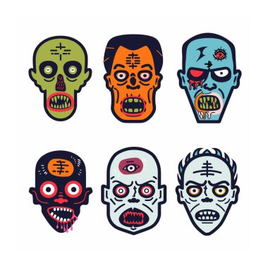 Çizgi film stili dizayn edilmiş altı renkli zombi yüzü, beyaz arka planda belirgin yüz yaralanmaları, detaylı yüz yaralanmaları. Zombi çizimleri çizildi