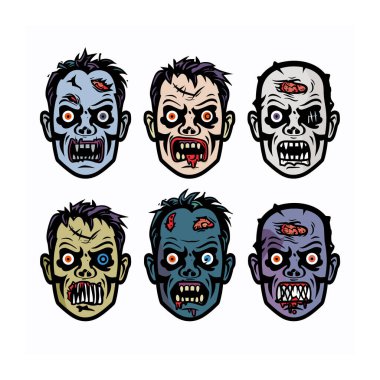 Korku, saldırganlık ve çürümeyi ifade eden altı çizgi film zombisi yüzü. Çeşitli ölümsüz karakterler farklı ten renkleri, yaralar, ifadeler. Cadılar Bayramı temalı tasarımlar grotesk detaylar içeren canlı renkler