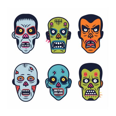 Değişik duygular ifade eden renkli zombi suratları sergile. Altı farklı canavar canlı renkler, korkunç yüz hatları, yaratıcı tasarımlar. Grafiksel Cadılar Bayramı temalı vektör çizimi beyaz