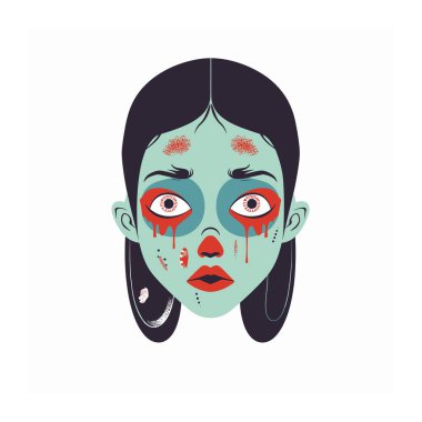 Zombi kız çizimi kan gözyaşları kırmızı gözler, dehşet verici. Ürkütücü kadın ölümsüz kafa, grafik tasarım, ürkütücü karakter. Ürkütücü yeşil renkli cilt yaraları, korku teması