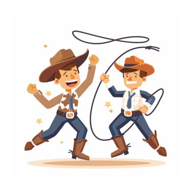 İki çizgi film kovboyu sallanan kement sallıyor, mutlu yüz ifadeleri, kahverengi kovboy şapkaları, çizmeler, şerif rozetleri. Genç erkek karakterler neşe içinde batı dansı, bir dönen ip, ikisi de kovboy.