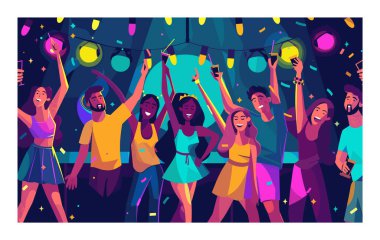 Genç yetişkinler coşkulu bir partiyi kutluyor, ellerinde içkilerle dans ediyorlar. Çok kültürlü erkekler, gece hayatı renkli ışık konfetilerinden hoşlanan kadınlar. Arkadaşlar arasında enerjik bir dans kutlaması.
