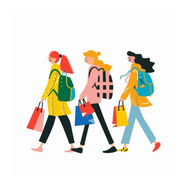 Üç kadın alışveriş yapıyor, renkli çantalar taşıyor, yürüyüş tarafında. Çeşitli kadınlar, gündelik moda, neşeli tüketici aktiviteleri. Arkadaşlar perakende terapiden, canlı kıyafetlerden, saç stillerinden, modern yaşam tarzından hoşlanırlar.