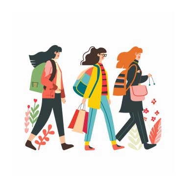 Yürüyen üç genç kadın, alışveriş torbaları, şık sonbahar kıyafetleri. Kadın arkadaşlar alışverişi, canlı renkleri, günlük kıyafetleri severler. Grup kadınları geziniyor, çizgi film, modern moda.
