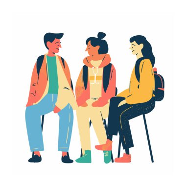 Three young adults engaged casual conversation. Asian female sitting crossed legs, smiling, holding green bag. Asian male talking Latinx female scarf clipart