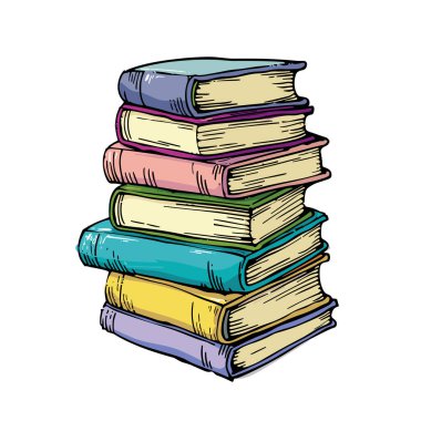 Yığınla renkli kitap elle çizilmiş resimleme izole edilmiş beyaz arkaplan. Eğitim konsepti yığını çok renkli kitap taslağı. Koleksiyon kitaplarını tasvir eden sanatsal çizimler