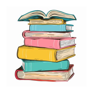 Stack colorful books handdrawn illustration. Artistic representation literature piled up. Open book top symbolizing education knowledge clipart