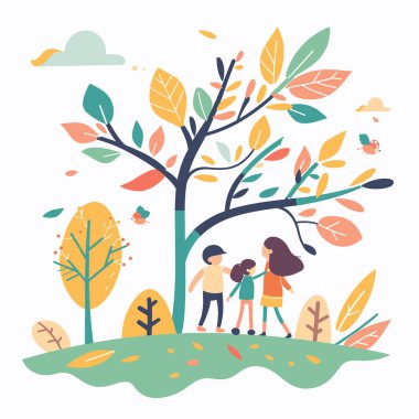 Aile sonbahar parkını, ebeveynler renkli ağaçların altında çocuk gezintisini, boş hava sahnesini sever. Genç çiftlerin kızları doğayı gezer, sonbaharda canlı yapraklar, neşeli bir ruh hali. Çizgi film çizimi mutlu