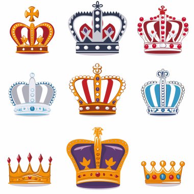 Çeşitli kraliyet tacı koleksiyonu farklı stil statülerini, süslü püslü mücevherleri temsil eder. İzole edilmiş beyaz arka plan bu sembollerin kraliyet gücünü arttırıyor, çizgi film tarzında. Canlı renkler, altın rengi.