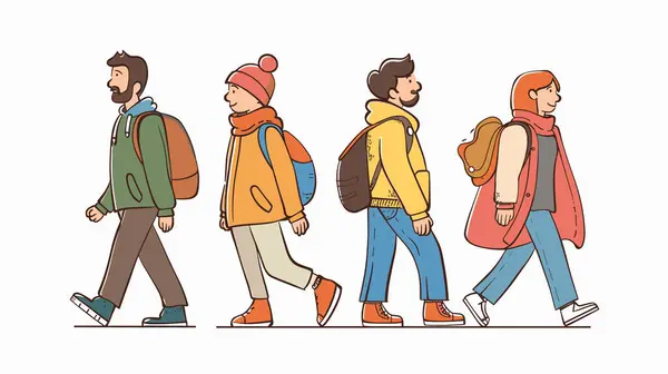 stock vector Four diverse individuals strolling side side, exuding distinct fashion styles. Casual, autumnal attire, beanies scarves, highlights cool weather. Group friends walking, showcasing youth, street