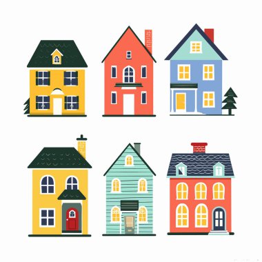 Renkli karikatür evleri koleksiyon seti, çeşitli mimari stiller, konut binaları tasarımı, şehir banliyöleri, izole edilmiş beyaz arka plan. Şirin şehir konutları, gayrimenkul, canlı vektör.