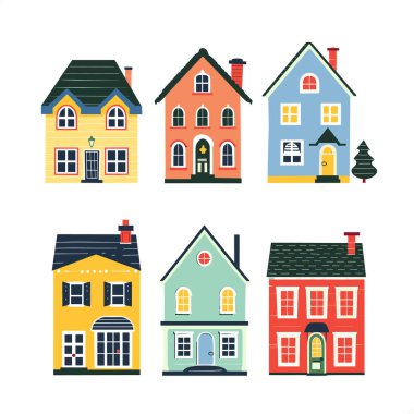 Beyaz arka planda altı renkli çizgi film evi. Farklı stillerde renklerde konut mimarisi düz tasarımı temsil ediyordu. Canlı banliyö toplumu konsepti ev cephelerinde farklılık gösterdi