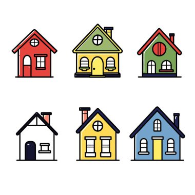 İzole edilmiş beyaz arka plana karşı sergilenen altı renkli karikatür evi, eşsiz tasarım unsurları, parlak birincil renkler, basit şekiller. Uygun emlak grafikleri