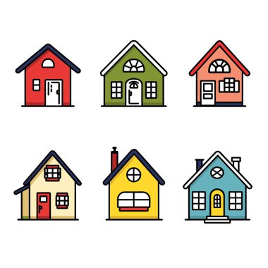 İzole edilmiş beyaz arka plana karşı sergilenen altı renkli çizgi film evi. Basit tasarım, ev benzersiz farklı pencereler, kapılar, çatılar. Birincil renkler kırmızı, sarı, mavi, yeşil yaratıcı olarak kullanılır