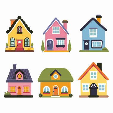 Renkli karikatür setleri, şirin evler, şehir gayrimenkulleri. Altı farklı ev, banliyö mimari koleksiyonu, düz stil. Çizgi film evleri, büyüleyici kulübeler.