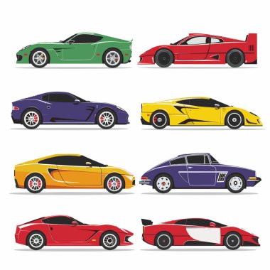 Yan tarafta sekiz spor araba, çeşitli model yarış arabaları. Ayrıntılı renkli spor araba çizimleri izole edilmiş beyaz arka plan. Klasik modern arabalar, yan görüş, grafik